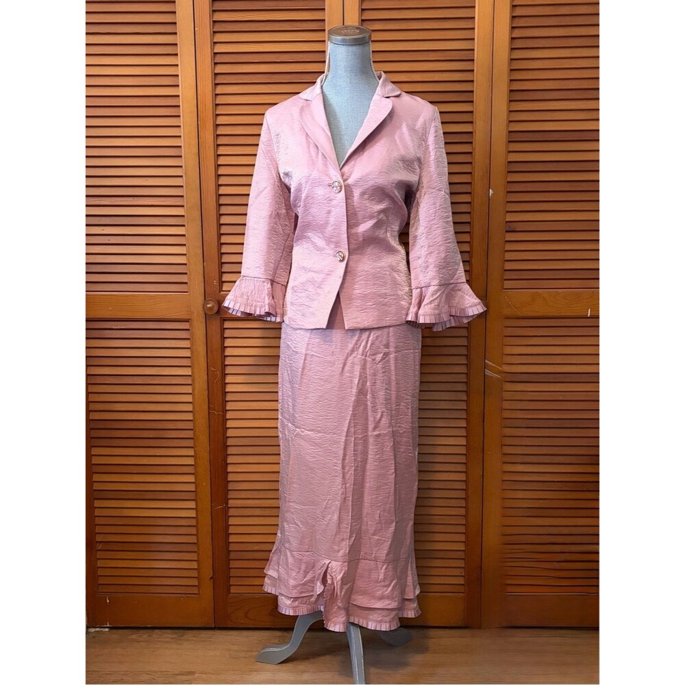 Vintage 90s 2 Pc Mermaid Opal Satiny Pink Ruffle Hem Blazer Set